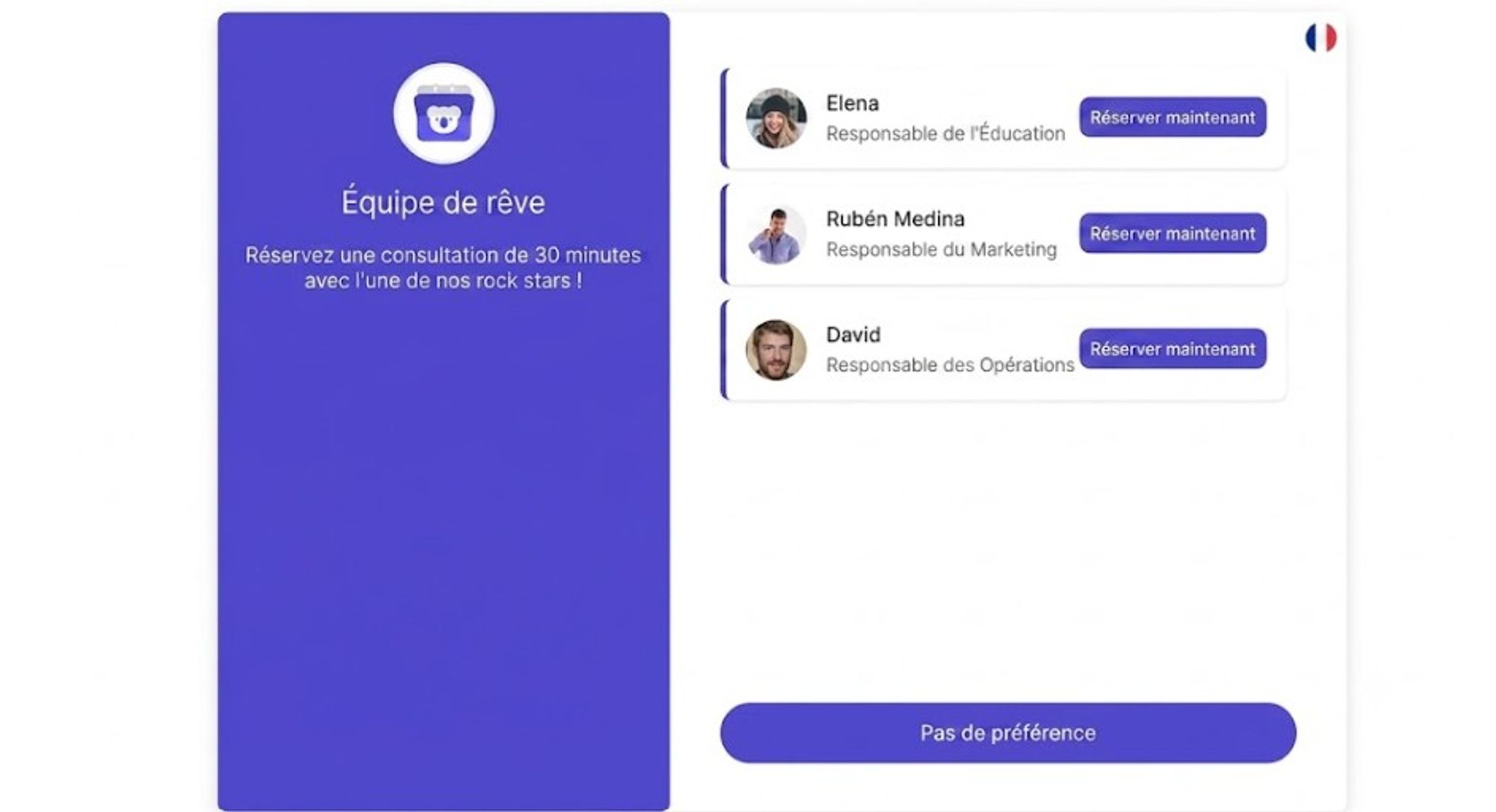 page de réservation pour la planification d’équipe